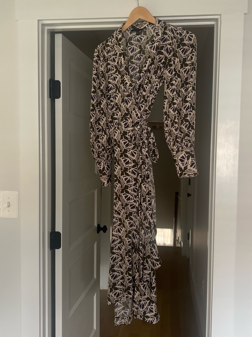 Banana Republic Black and Cream Botanical Wrap Maxi Dress